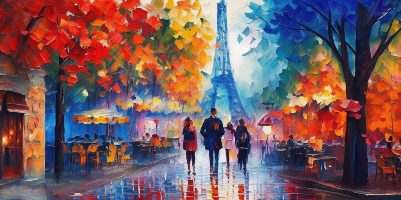 Artistic rendition of travelers in Paris near Eiffel Tower.