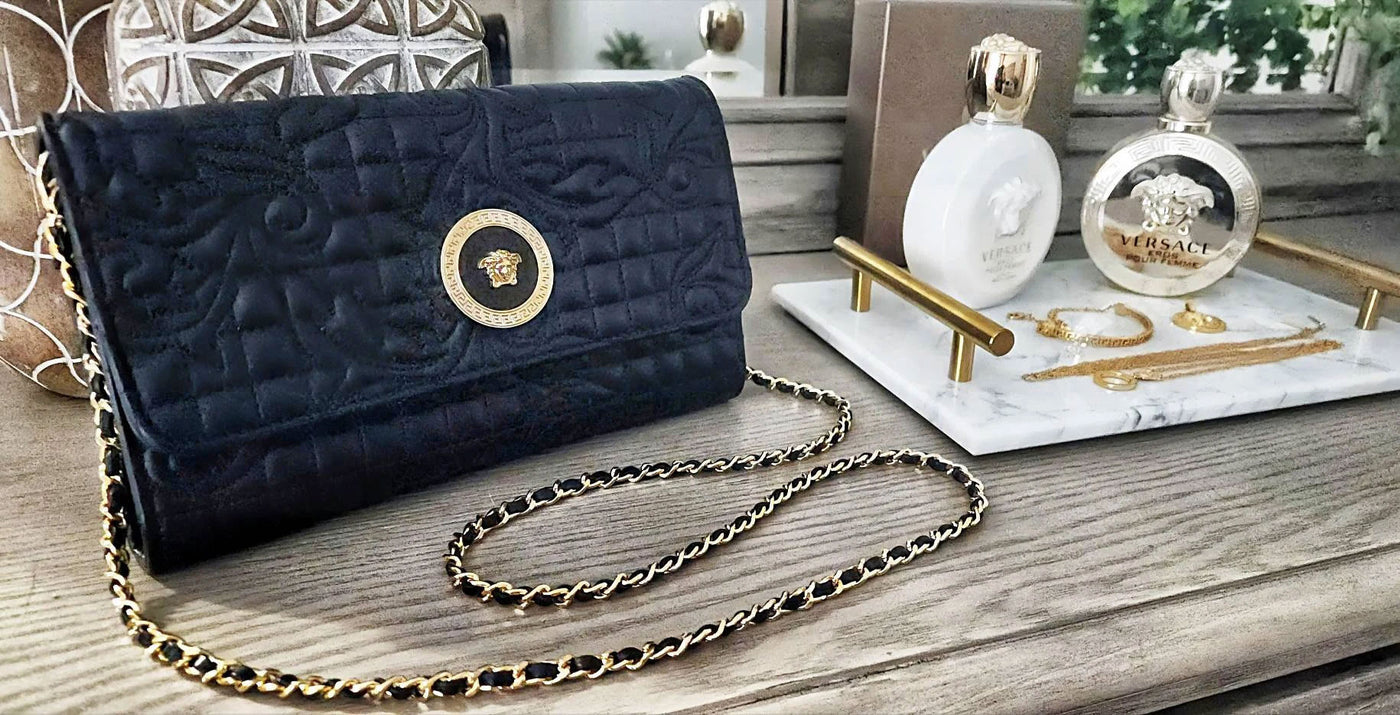 Photo of Versace bag with Mautto gold chain and leather woven strap.