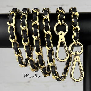 Luxurious gold chain with leather hand woven-in by Mautto. Strap for designer handbags and purses.