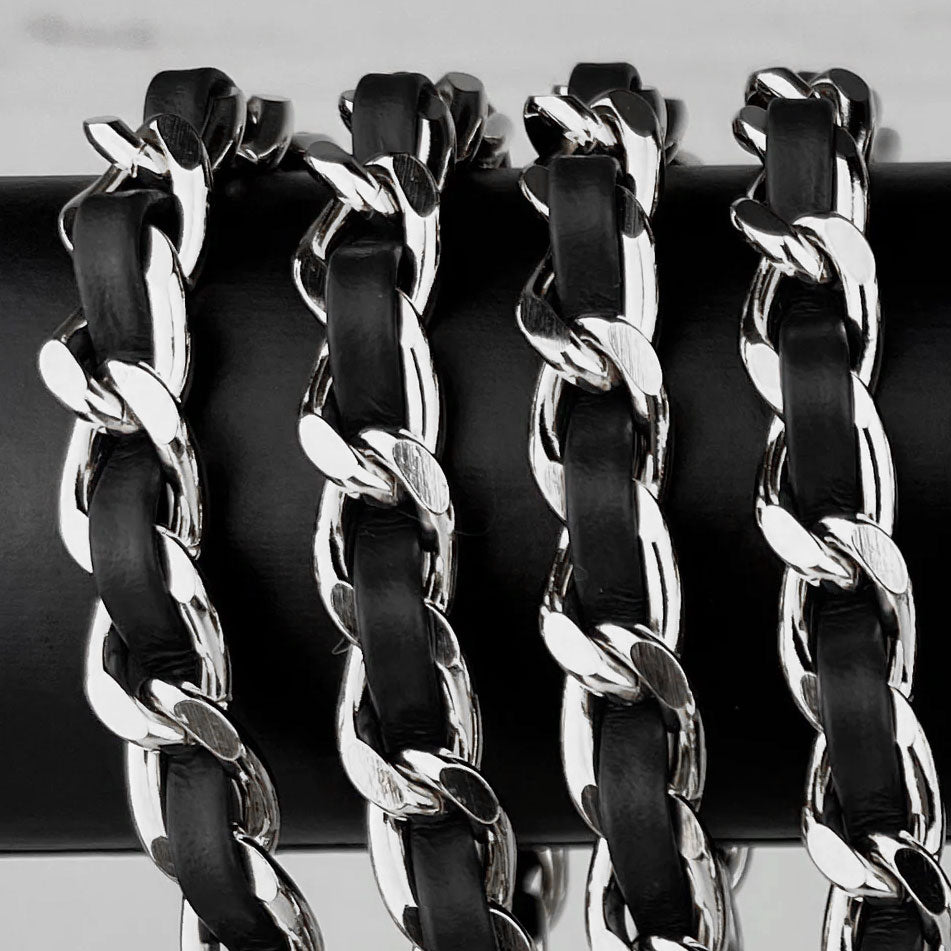 Luxe Leather woven Silver Chain Strap W Leather Shoulder Section Mautto luxe-leather-woven-silver-chain-strap-w-leather-shoulder-section-mautto