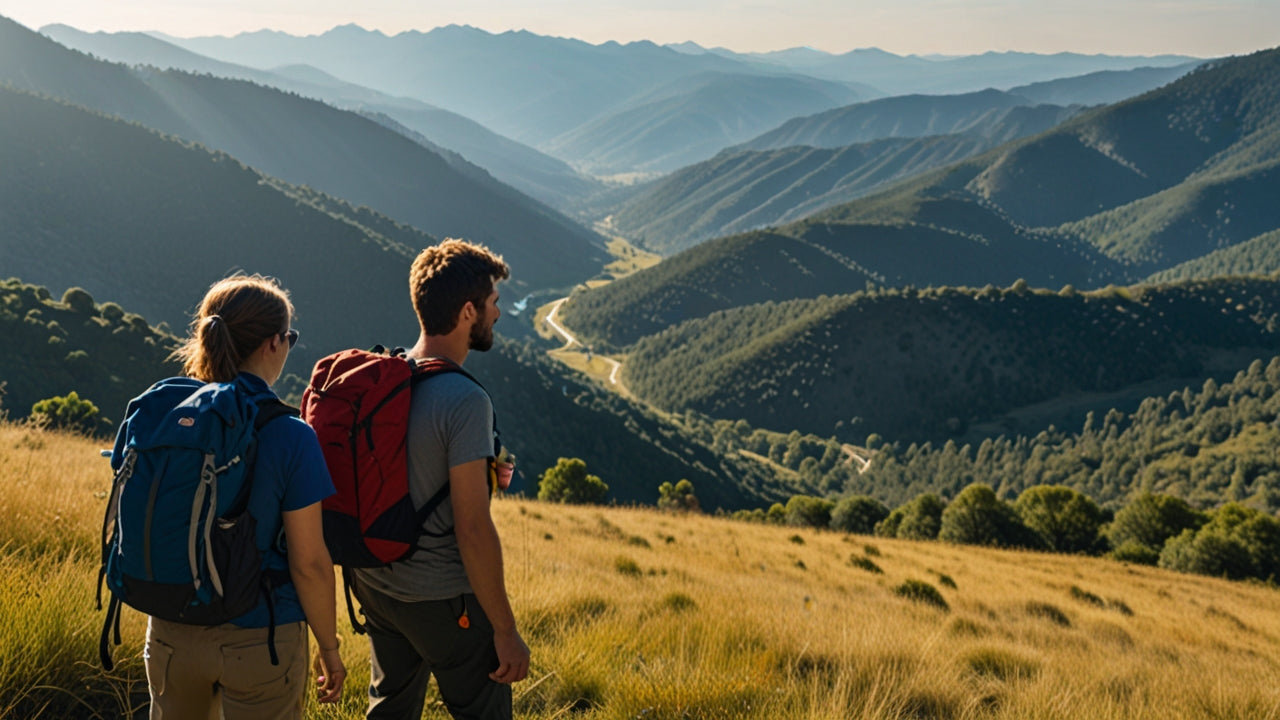 Two backpackers with heavy bags, overlooking a valley.