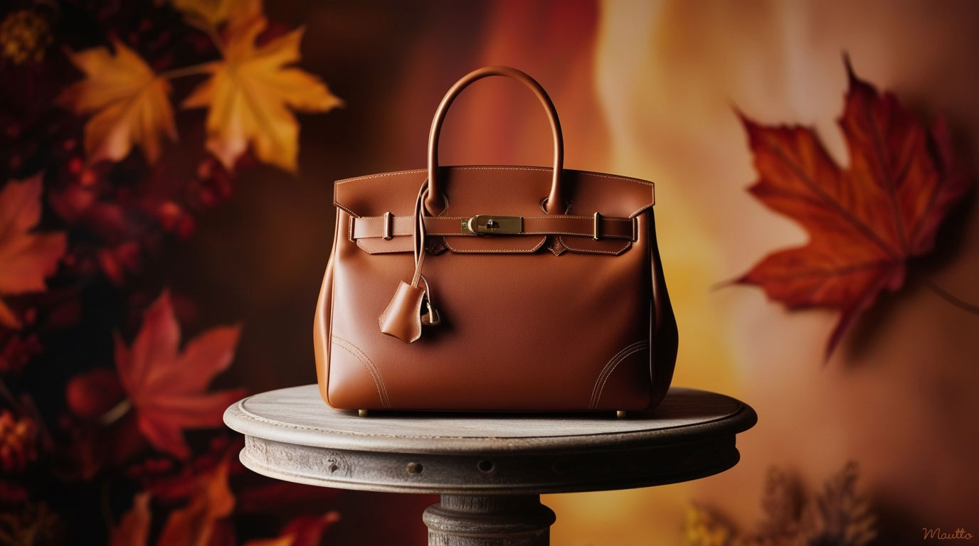 Photo of a brown leather handbag with autumn season colorful backdrop.