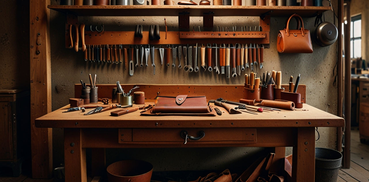 Photo of a leather crafter work bench.