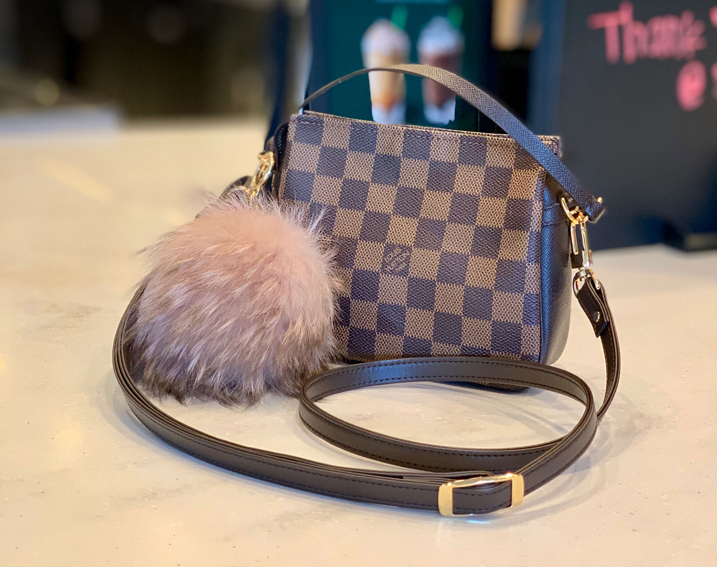 LV mini handbag with Dark Brown DE adjustable leather purse strap by Mautto.