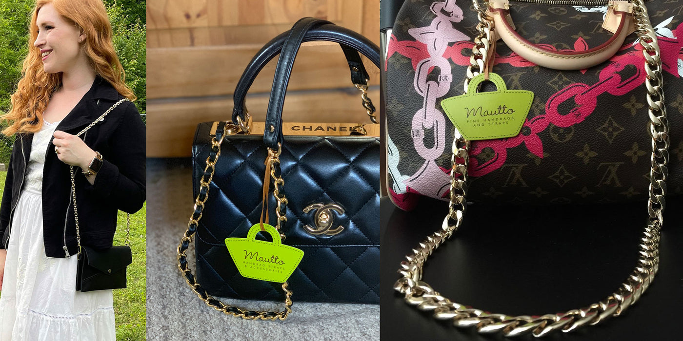 Photos of Mautto customers with chain straps on their handbags and purses.