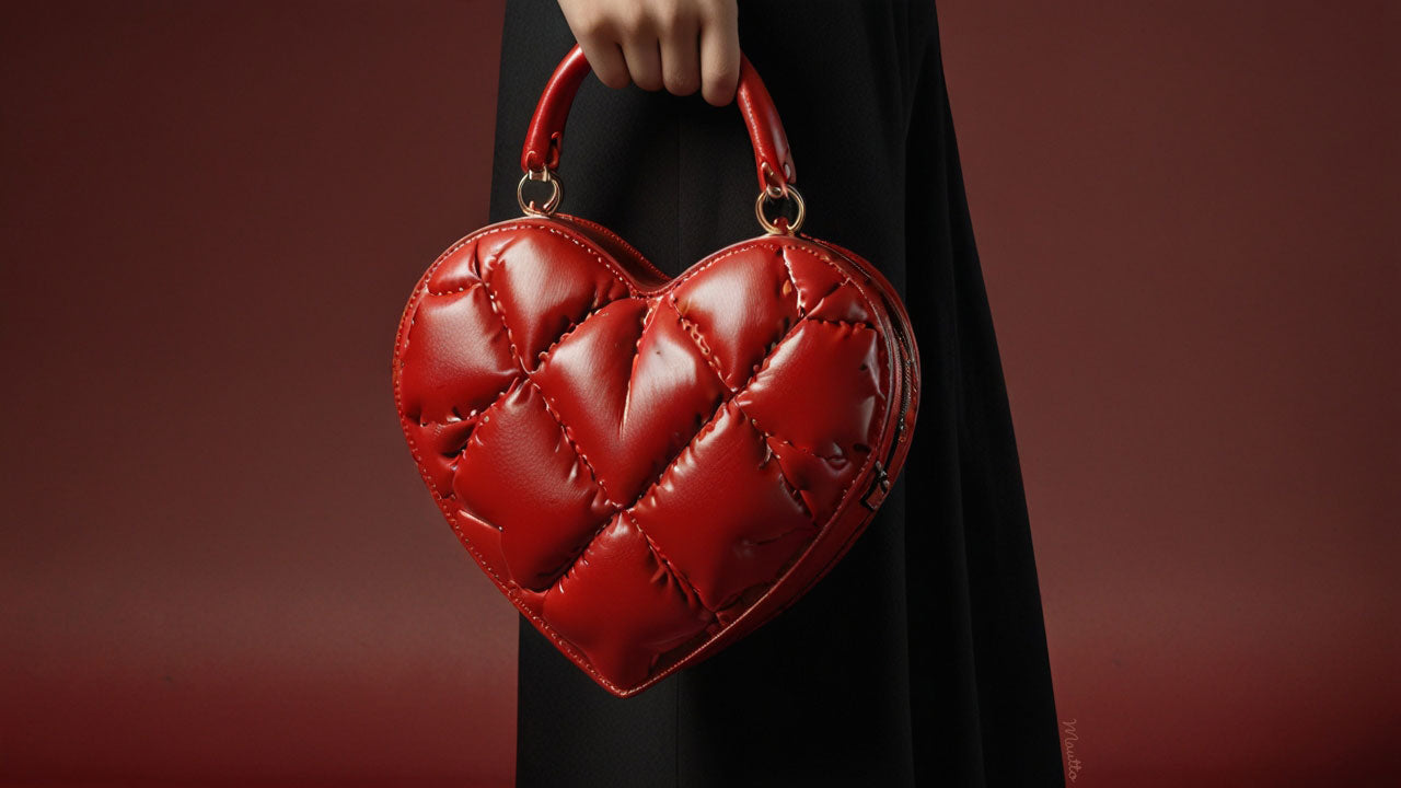 Photo of a red heart shaped handbag, designer quilted.