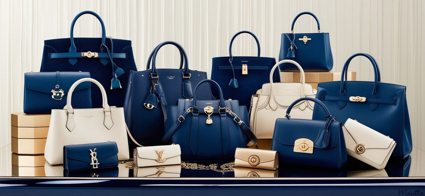 Photo of multiple navy colored handbags and purses.