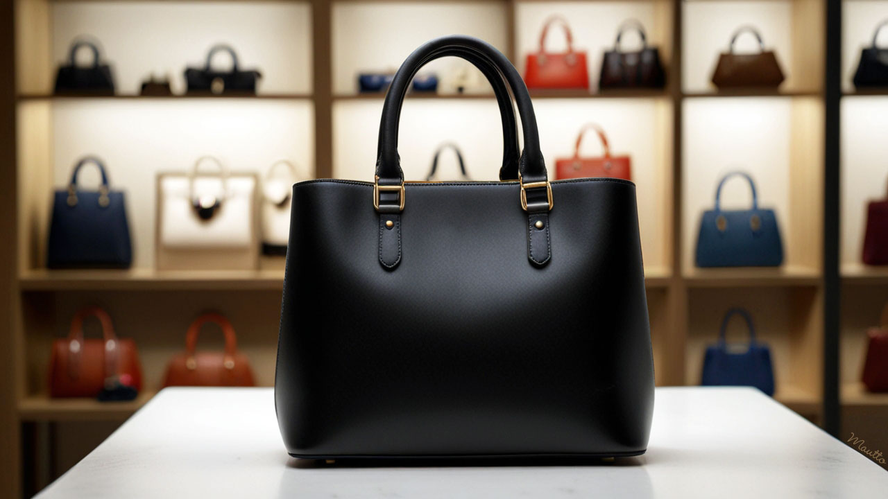 A new black handbag on a retail counter, ready to be customized.