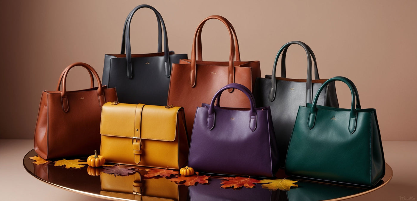 Photo of leather handbags on a reflective surface. Colors featured are brown, yellow, gray, purple and green.