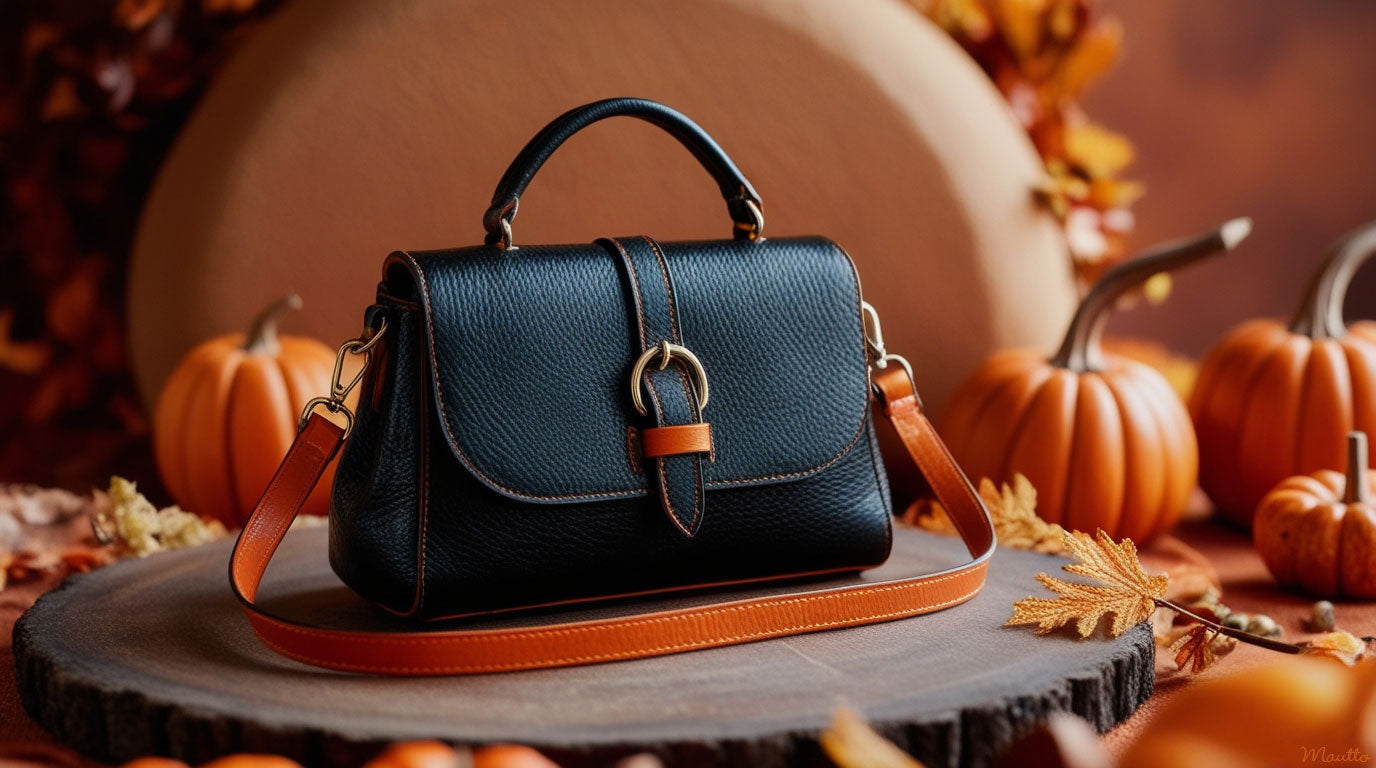 Photo of a black leather handbag with seasonal orange shoulder strap attached.