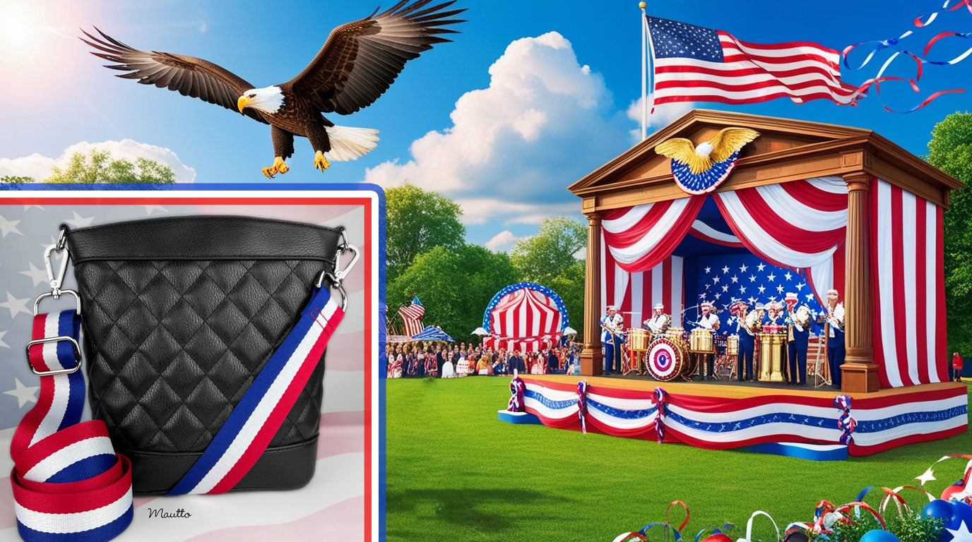 Photo of a patriotic USA event, with the Red, White & Blue handbag strap accessory.