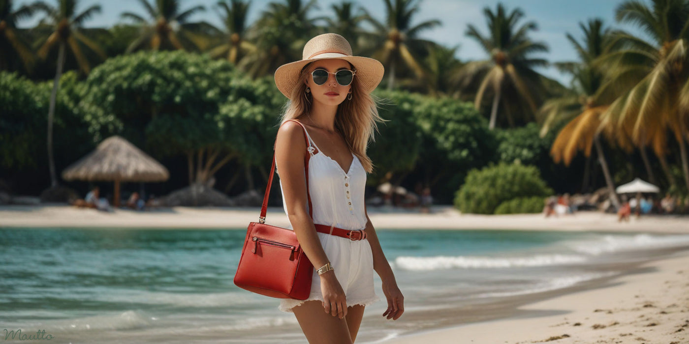 Woman walking on tropical beach with red purse.