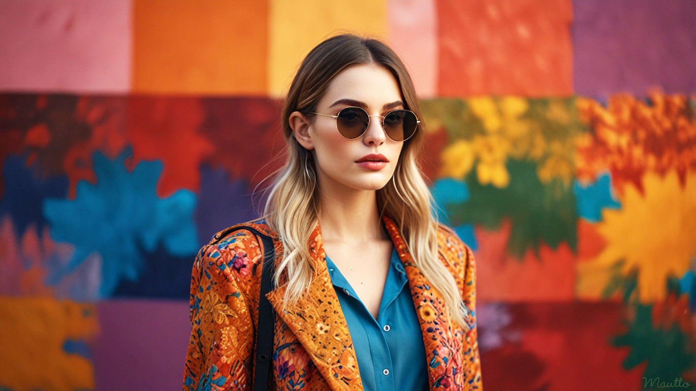 Photo of a fashionista in sunglass and wearing a colorful outfit with purse strap.