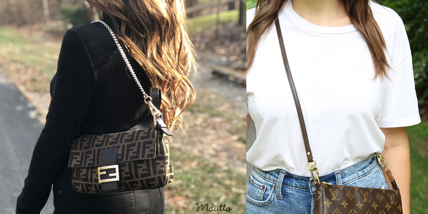 Photos of shoulder straps and cross body purse straps.