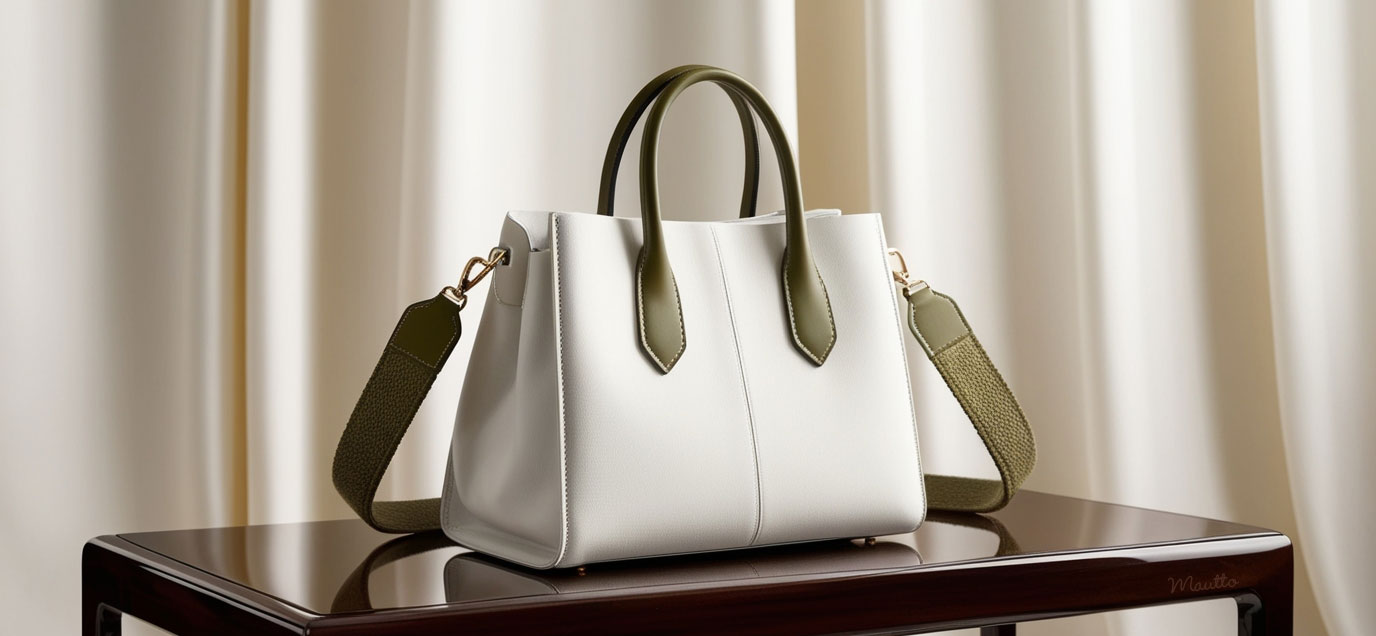 Photo of a white leather handbag with a olive colored fabric shoulder strap.