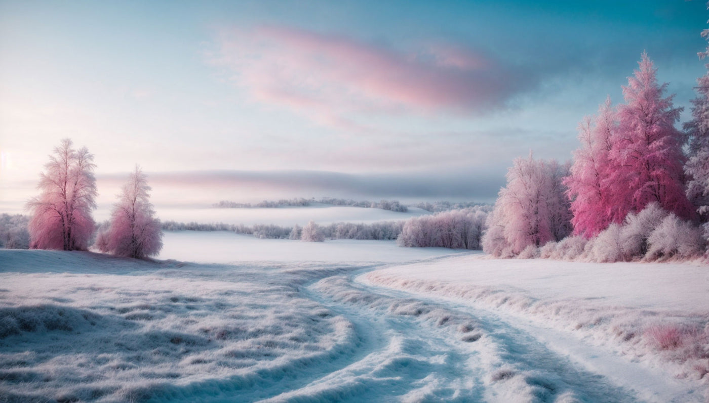 Winter landscape, featuring purse strap colors of white, light blue, burgundy and silver gray.