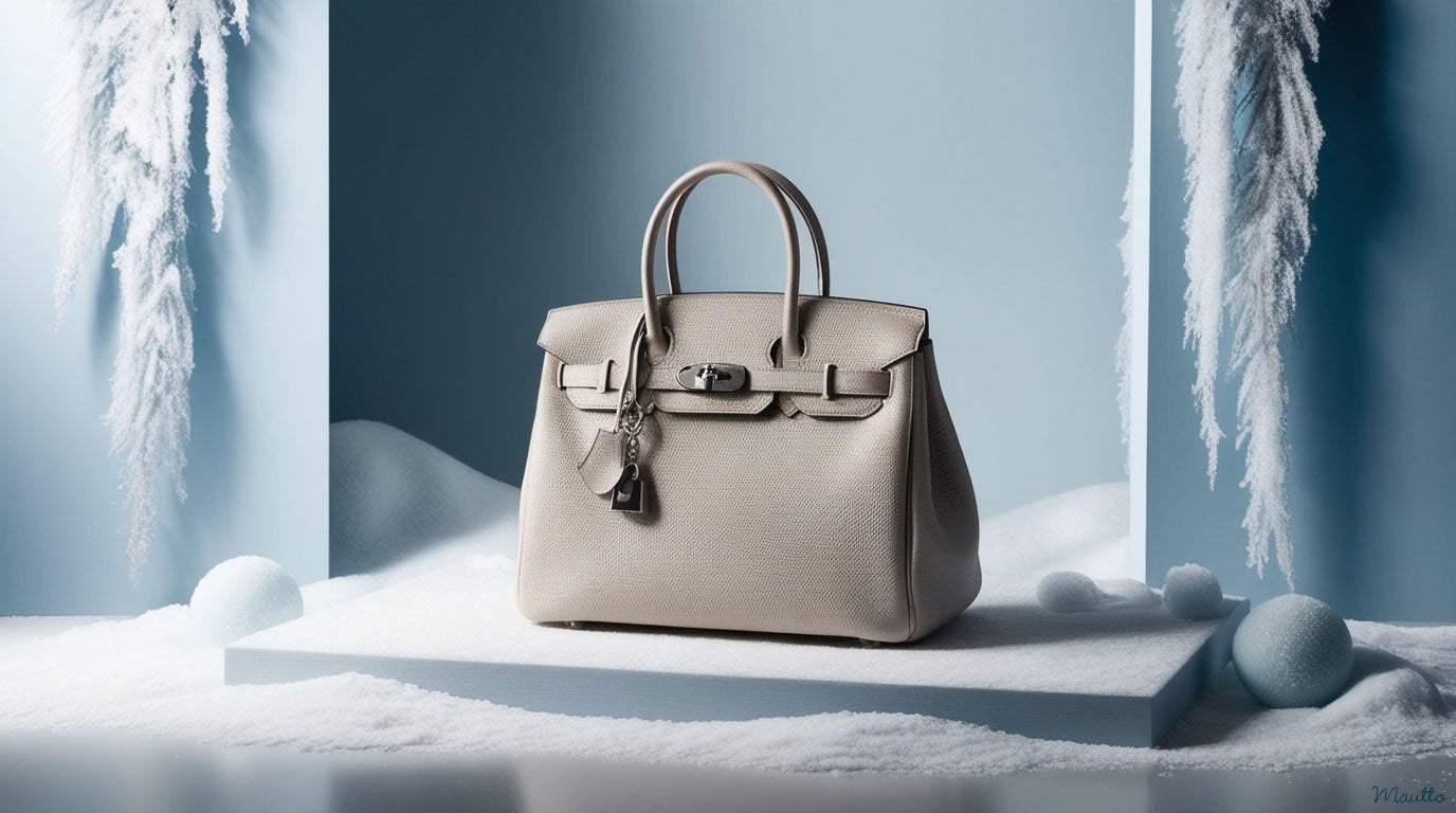 Photo of a white leather handbag with wintery color theme.