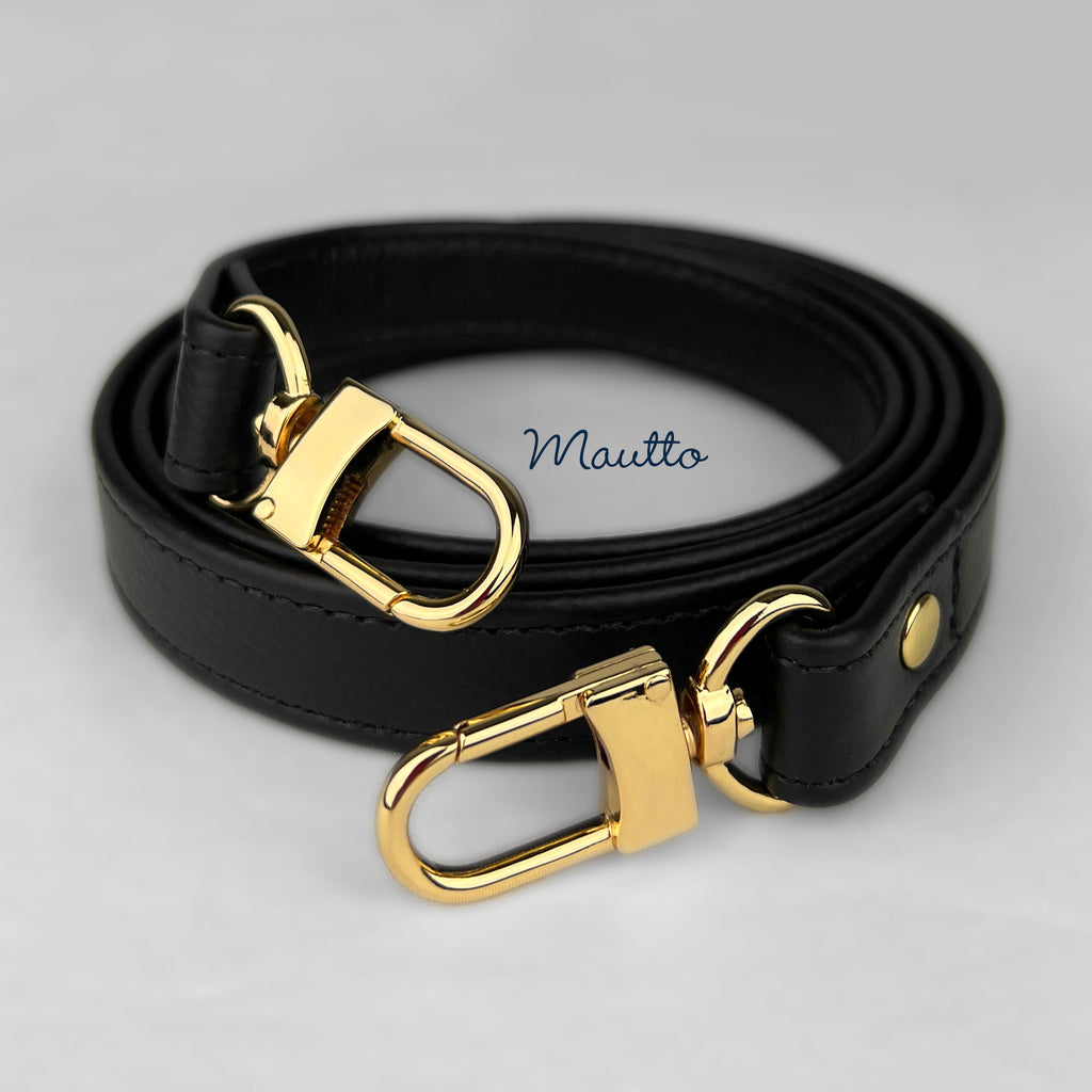 Mautto Adjustable Leather Strap, Shoulder to Crossbody Length - Modern Colors Black Pebble Leather / #16 Gold-Tone