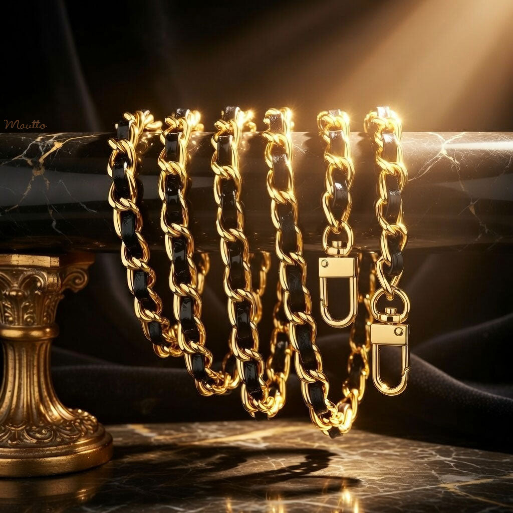 Classic Gold Chain with Leather Woven-in / Black, Brown & Gray