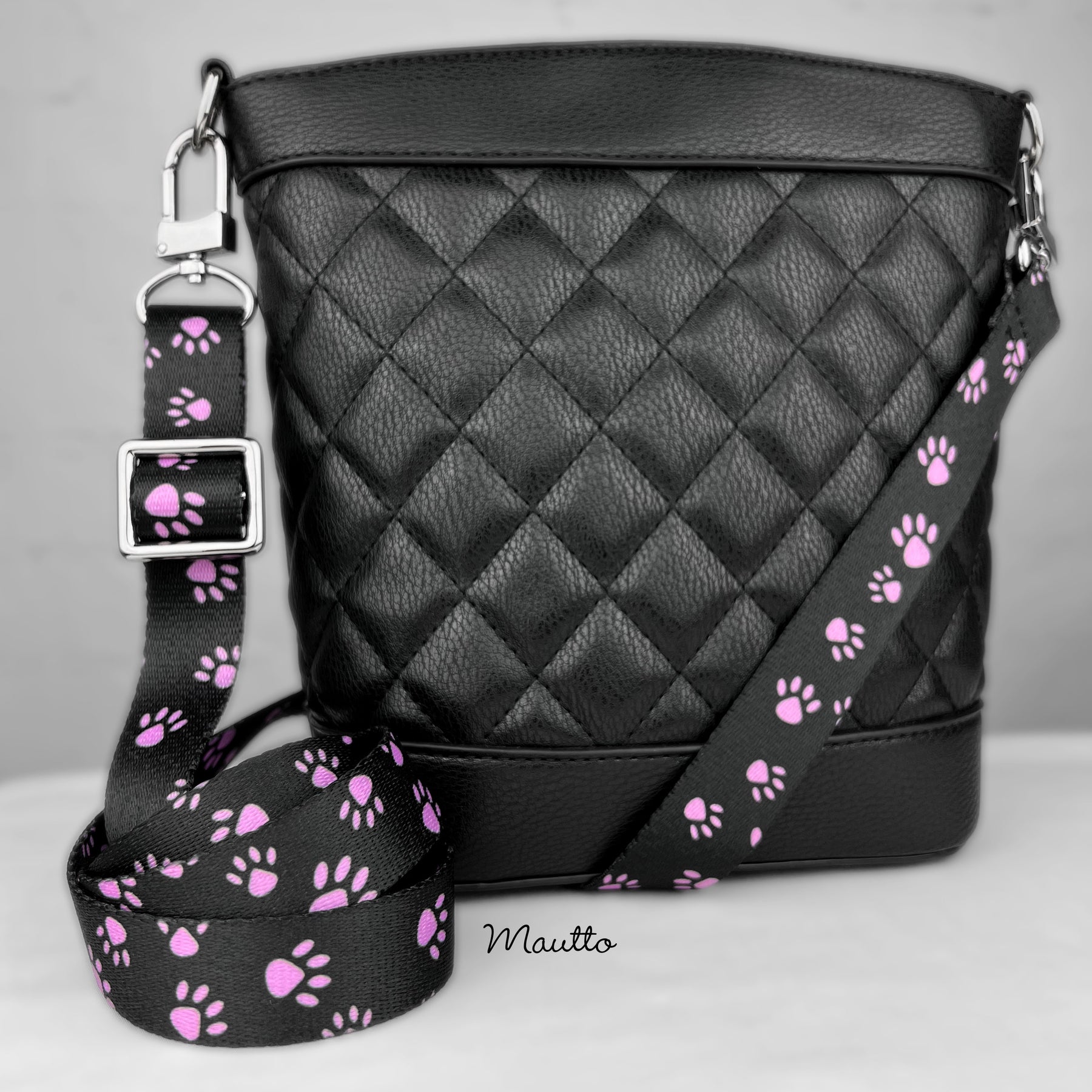 dog lovers handbag purse strap black nylon purple paws