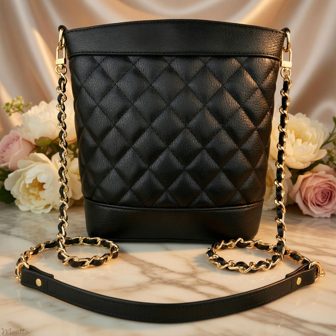 Ultra Luxe Leather-woven Gold Chain Strap w/ Leather Shoulder