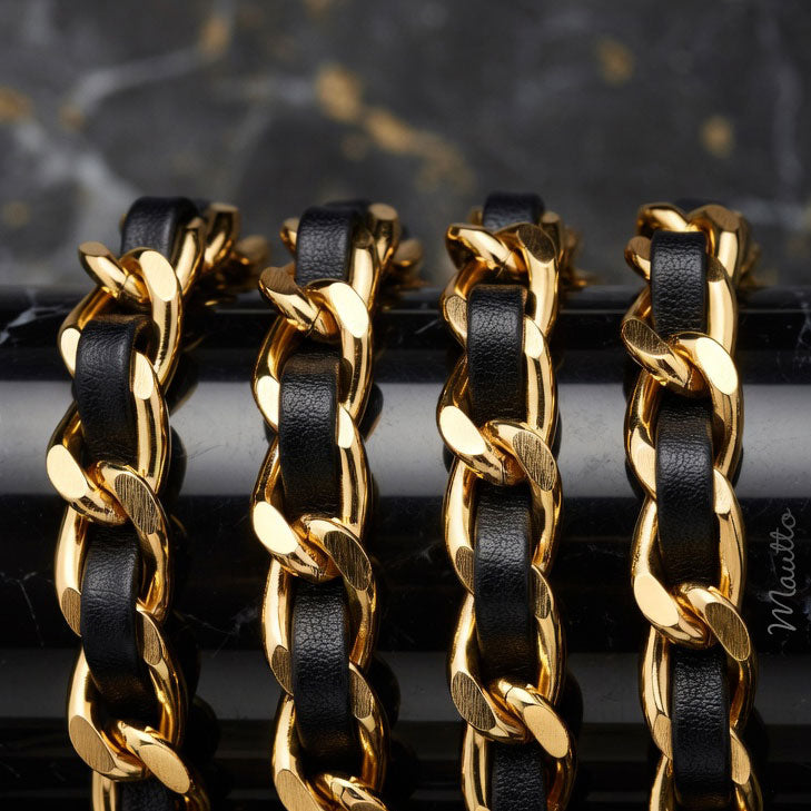 Ultra Luxe Leather-woven Gold Chain Strap w/ Leather  display picture 1