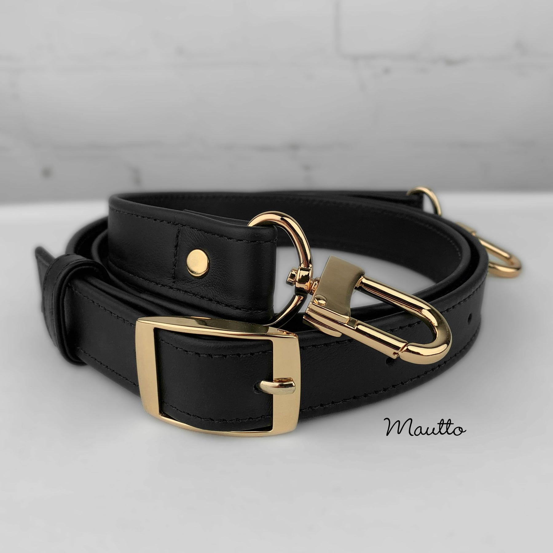 Mautto Wide Leather Cross Body Strap - Gold-Tone or Antique Gold Clips Dark Gray Leather / #16XLG Brushed Gold