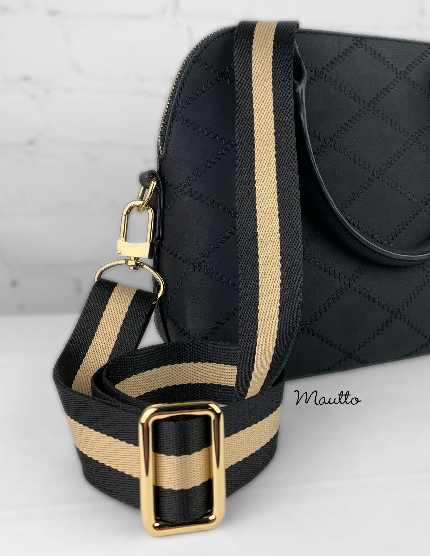 Mautto Adjustable Leather Strap, Shoulder to Crossbody Length - Modern Colors Black Pebble Leather / #16 Gold-Tone