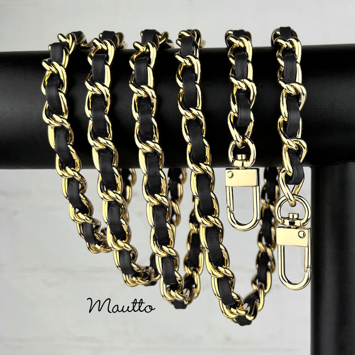 Elegant Gold Chain with black Leather Strap Black Quilted Leather Bag With Gold Chain - Etsy main image 3