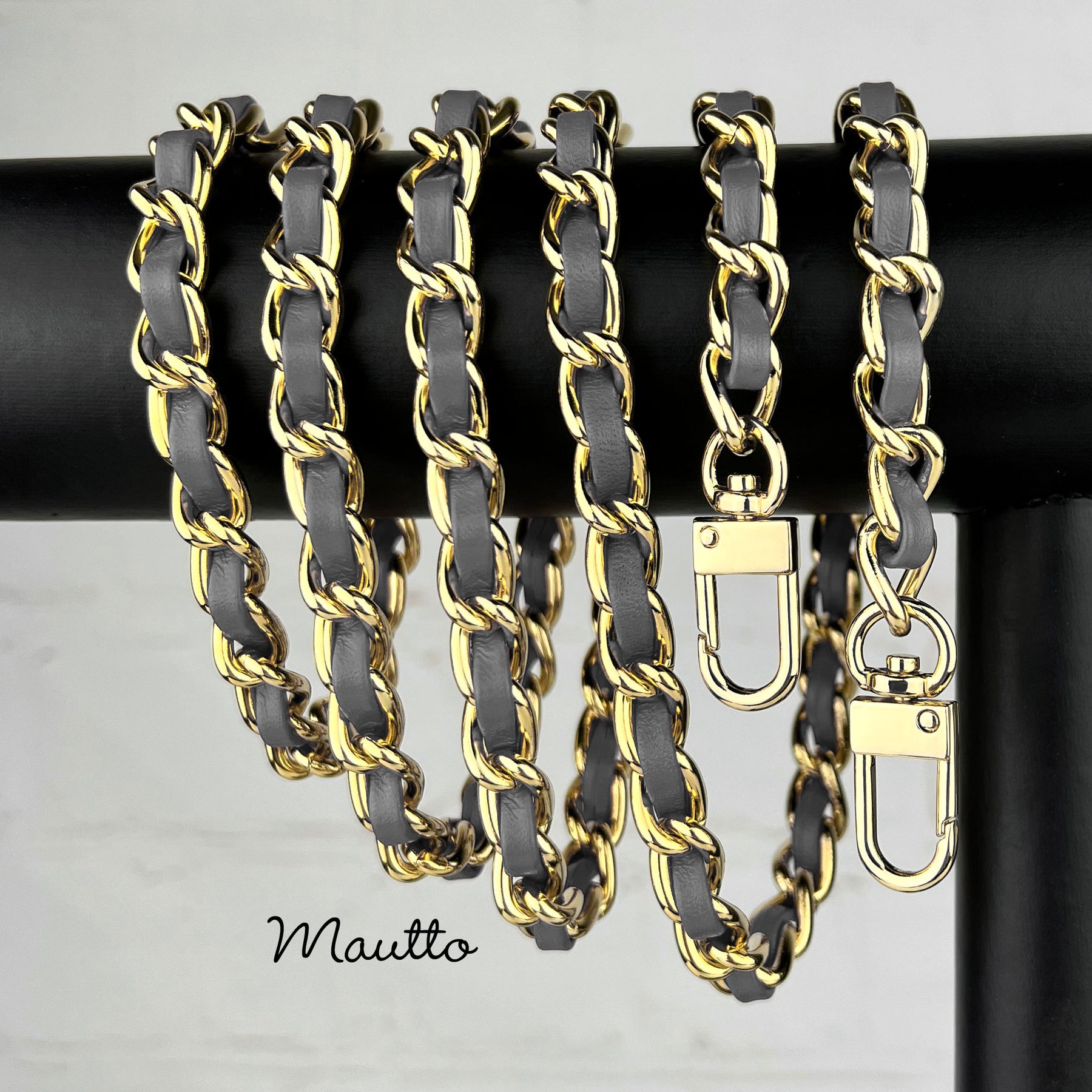 Classic Gold Chain with Leather Woven-in / Black, Brown & Gray