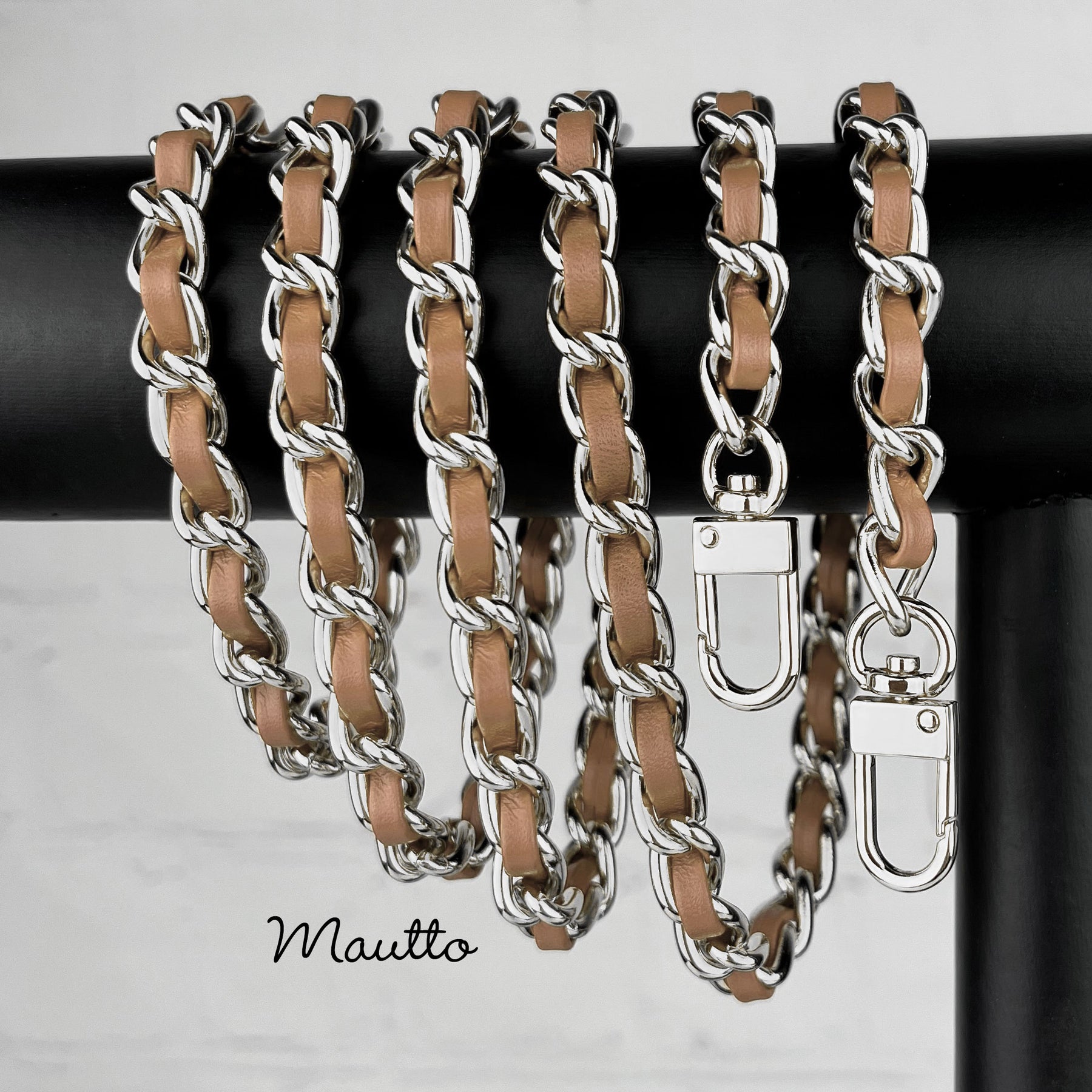 Classic Silver Chain with Leather Woven-in / Tan & Beige Colors – Mautto