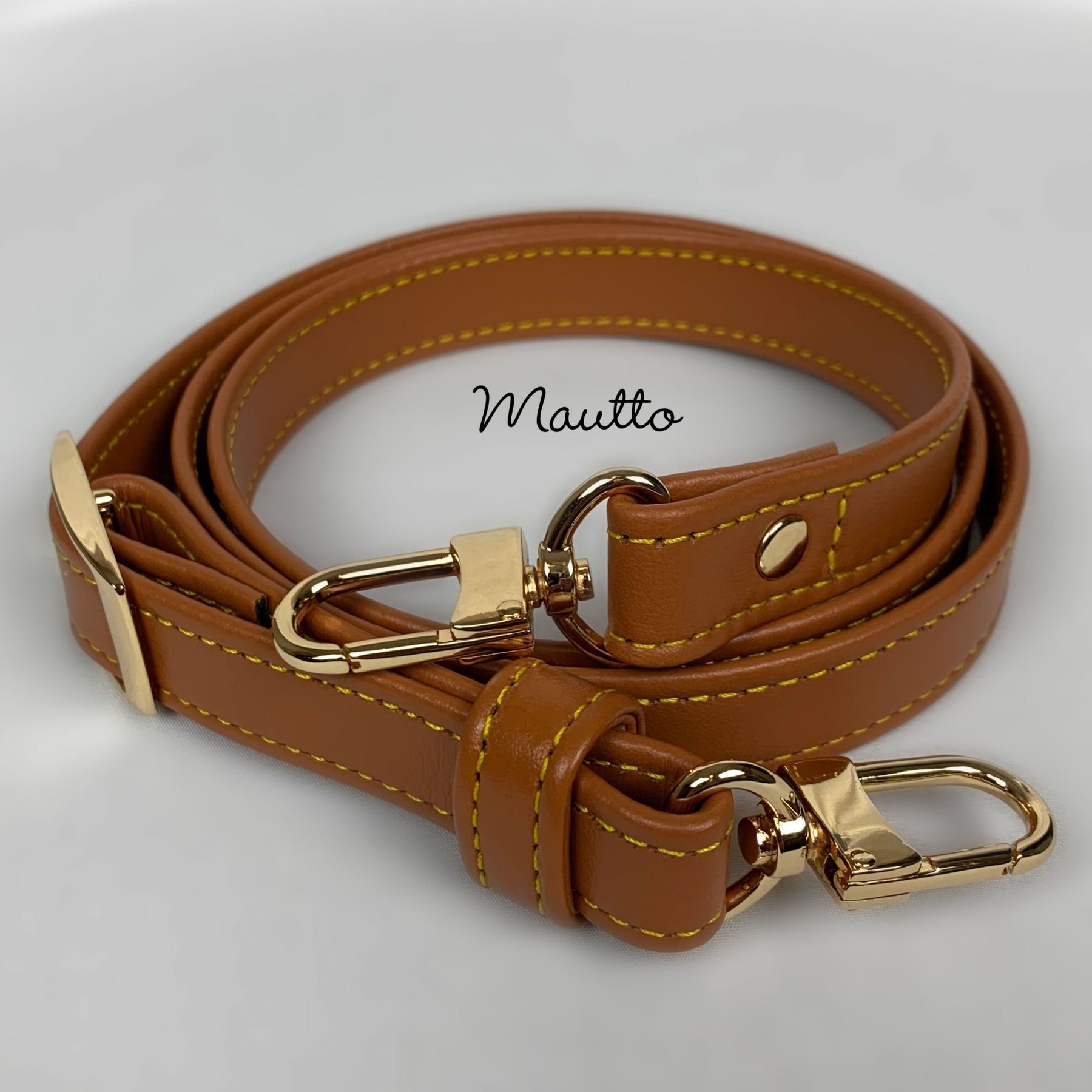 Mautto Tan Leather Strap with Yellow Stitching for Petite Louis Vuitton Bags Dark Tan Leather / 45-65 Extra Long Crossbody / Silver-Tone