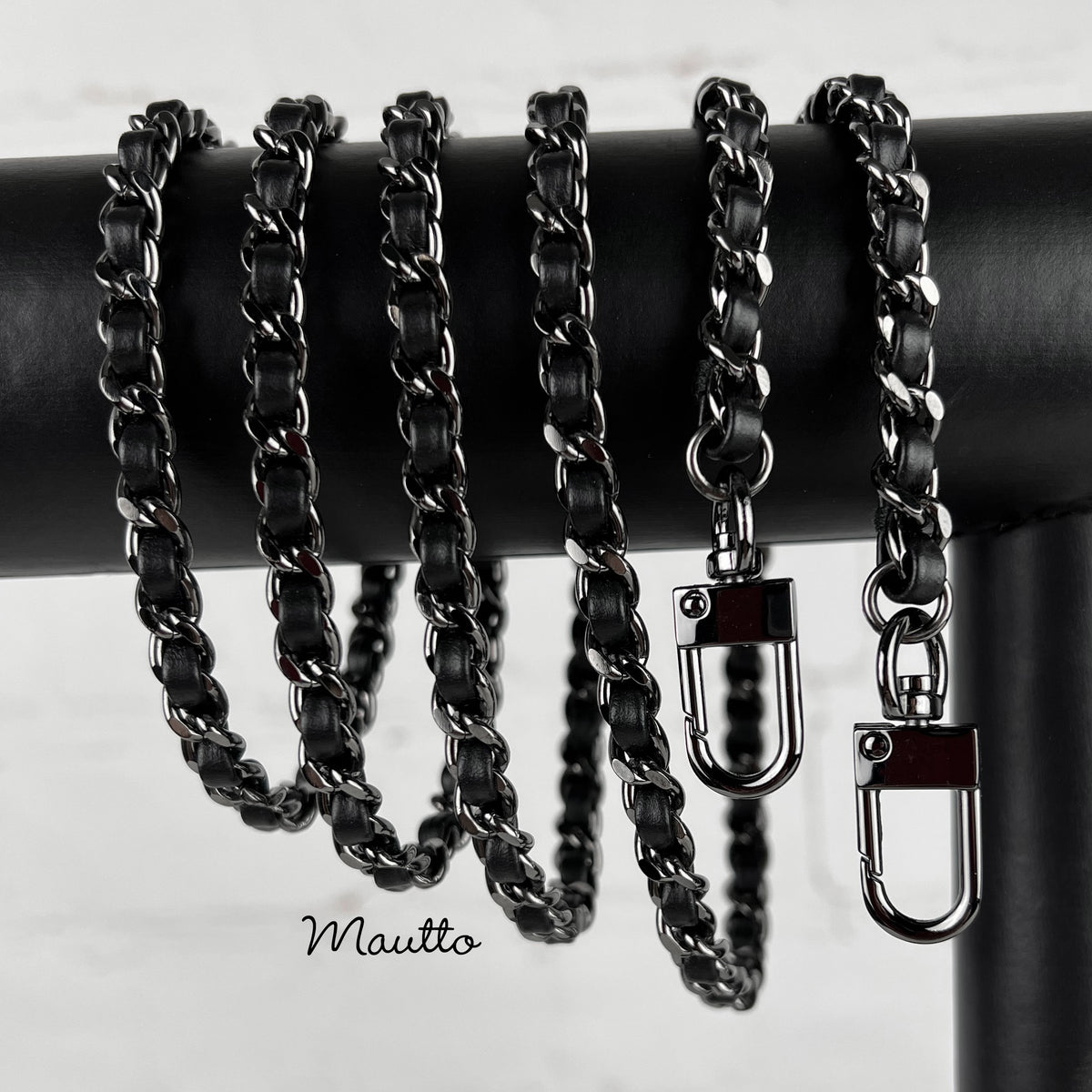 Mini Classic Curb Chain with Diamond Cut Accents, Gunmetal Finish - Black  Leather Woven Through - 1/4 inch (7mm) Wide Luxury Strap