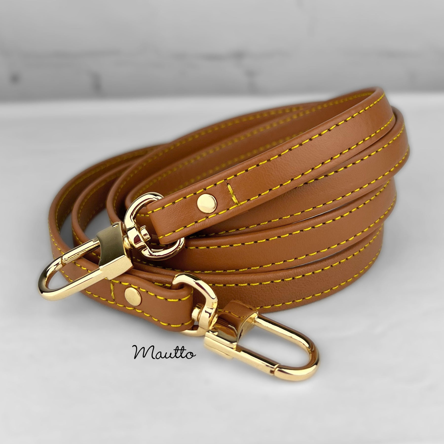 Mautto Tan Leather Strap with Yellow Stitching for Petite Louis Vuitton Bags Dark Tan Leather / 45-65 Extra Long Crossbody / Silver-Tone